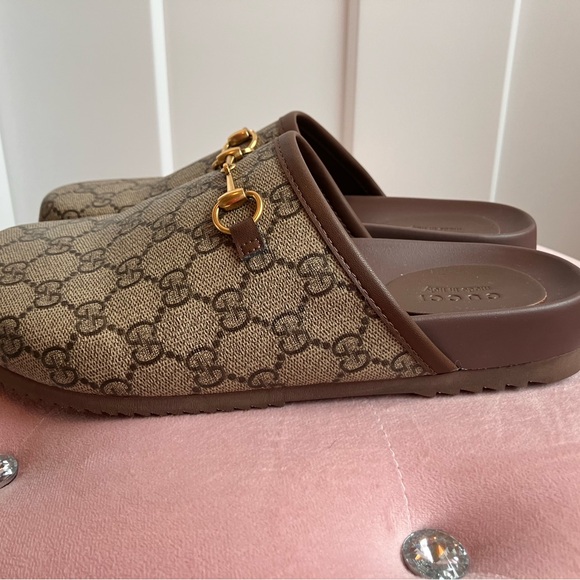 Designer Inspired Beige and Brown Mules with Gold Accents - Picture 2 of 7